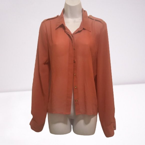 Mine Orange Sheer Button Up Blouse - Picture 1 of 5